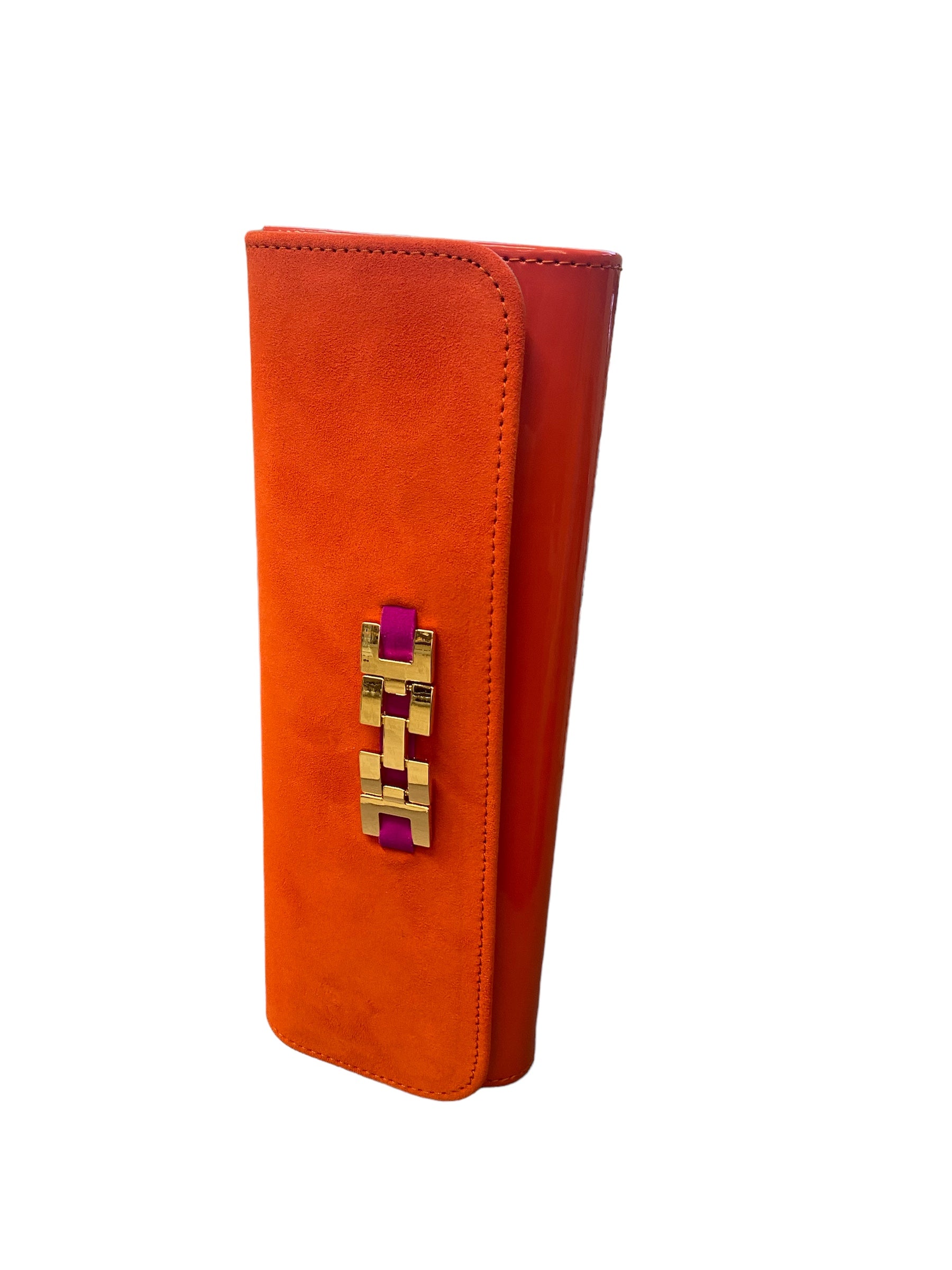 EMIS Leather Suede Colour Block Clutch, Orange/Fuchsia