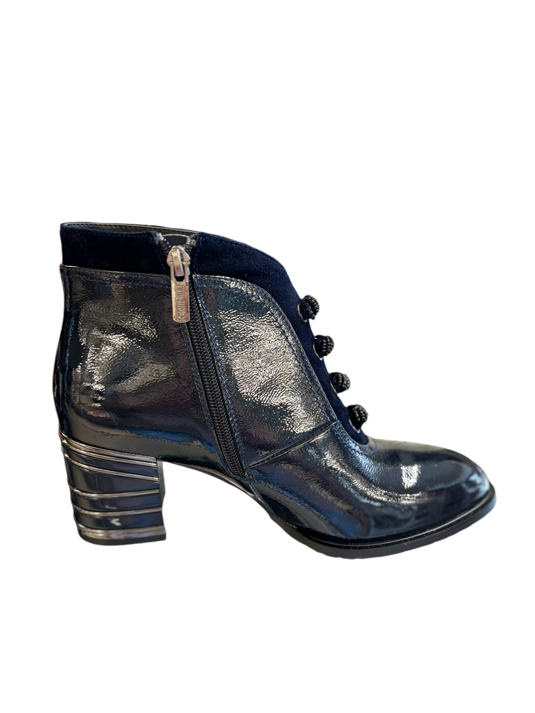 LORETTA VITALE Navy Patent Block Heel Ankle Boot