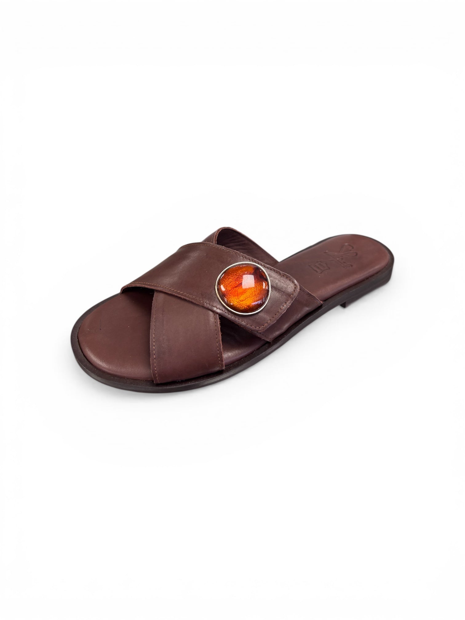 SPiero Flat Detailed Brown Leather Sliders