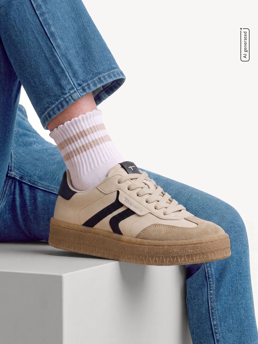 Tamaris Beige Leather Trainers