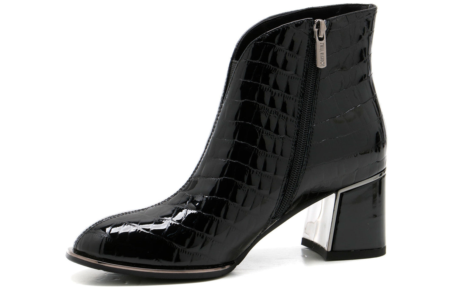 LORETTA VITALE Croc Print Patent Leather Ankle Boot Black
