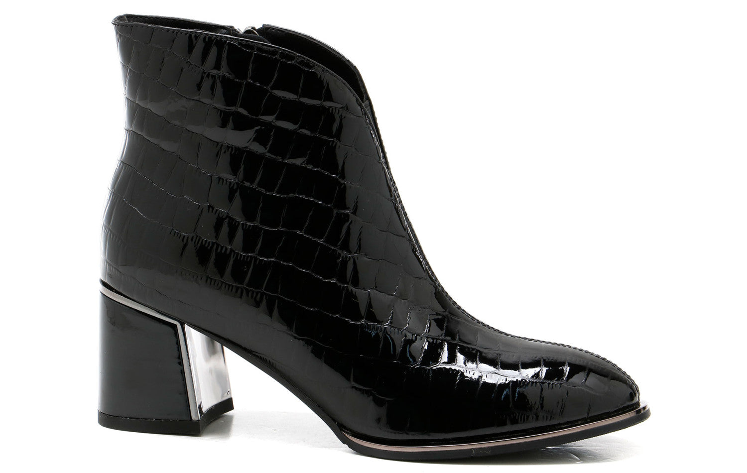 LORETTA VITALE Croc Print Patent Leather Ankle Boot Black