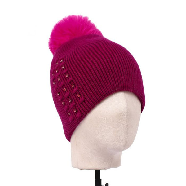 POM POM Hat Rasberry with Crystal Detail