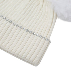 Double POM POM Hat White with Crystal Detail