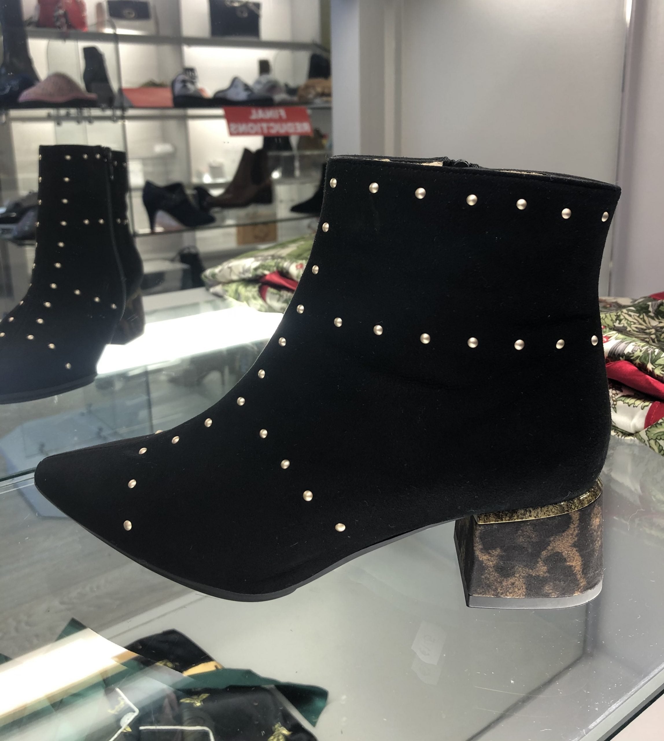 Gadea Black Suede Ankle Boot with Animal Print Heel