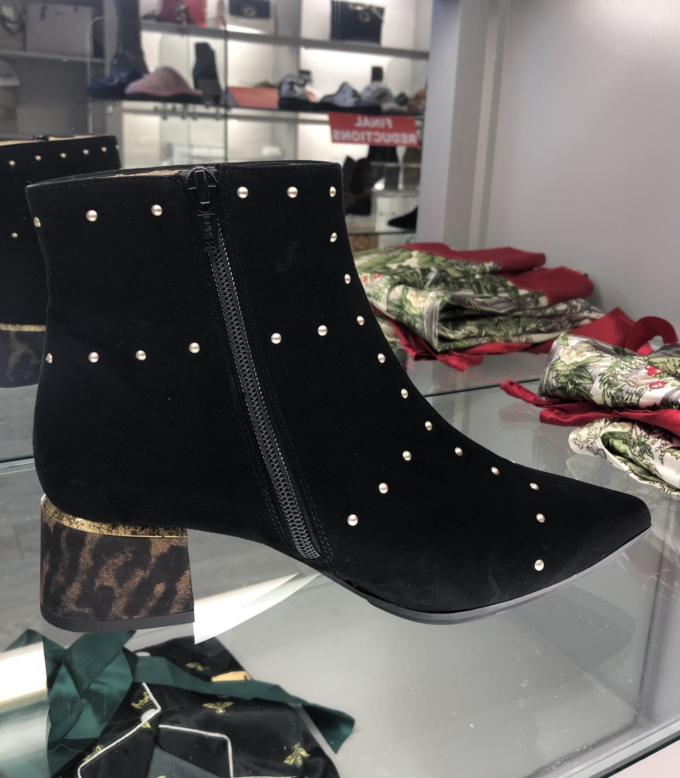Gadea Black Suede Ankle Boot with Animal Print Heel