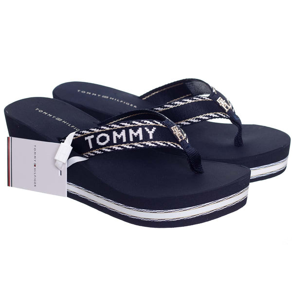 TOMMY HILFIGER Logo Webbing Navy High Wedge Flip Flop