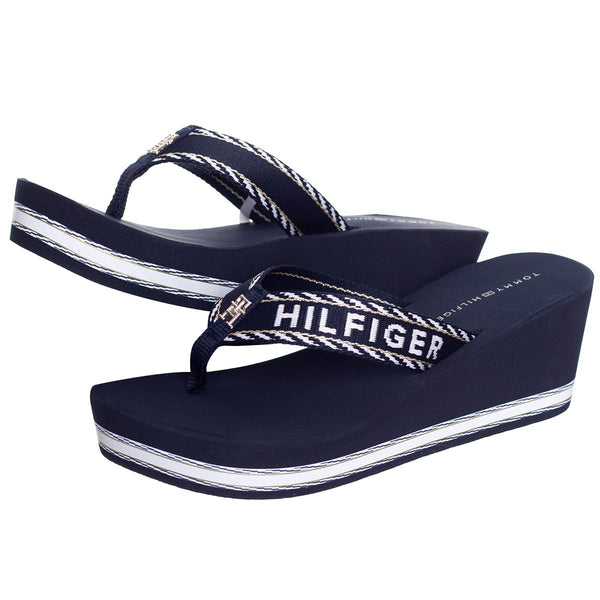 TOMMY HILFIGER Logo Webbing Navy High Wedge Flip Flop