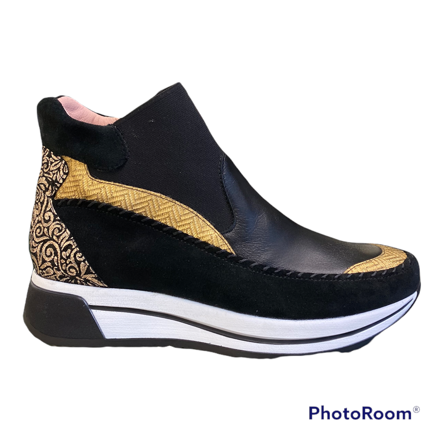 Maria Leon Black and Gold Pull on Ankle boot